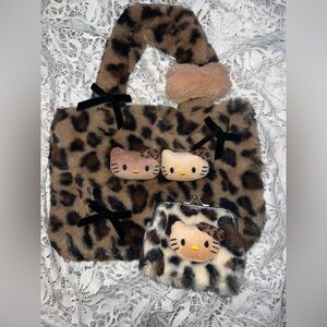 Leopard print hello kitty plush purse with wallet